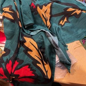 Forrest green scarf with large leaves in red and mustard. Large long sca…